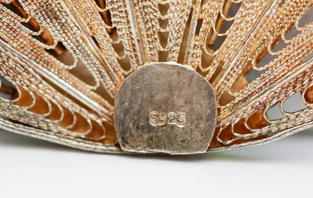 Vintage Sterling Silver Enamel Peacock Filigree Brooch