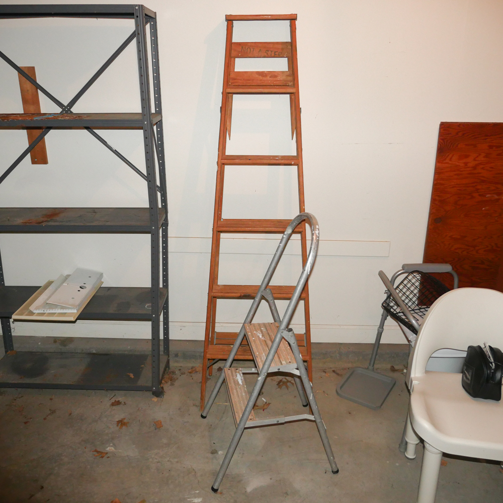 Wooden Ladder and Metal Step Stool