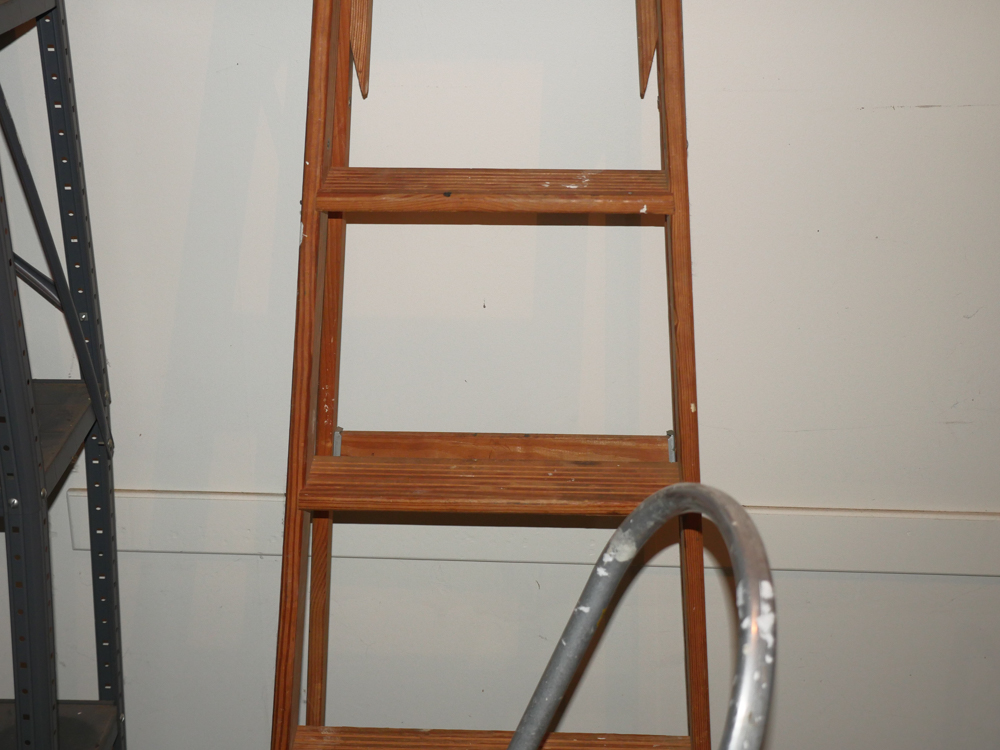 Wooden Ladder and Metal Step Stool