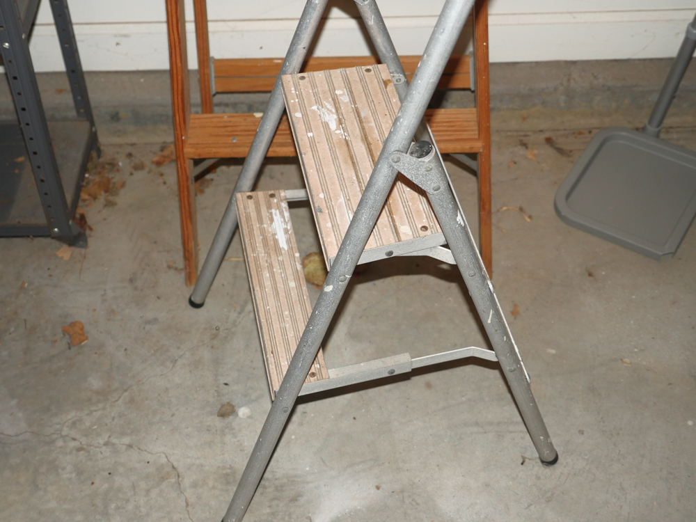 Wooden Ladder and Metal Step Stool