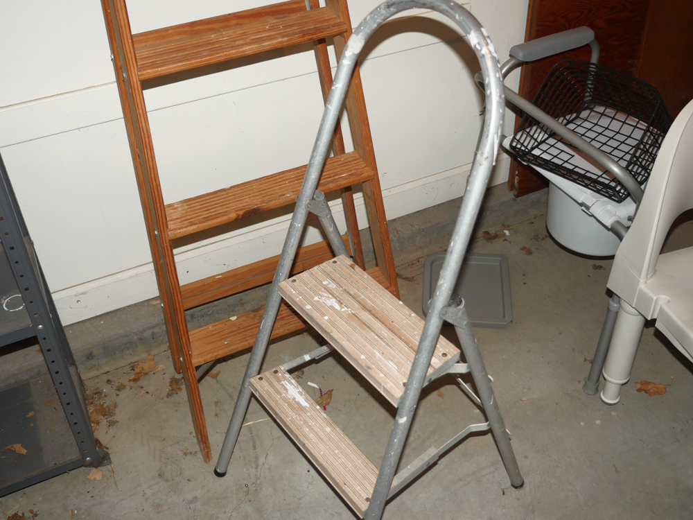 Wooden Ladder and Metal Step Stool