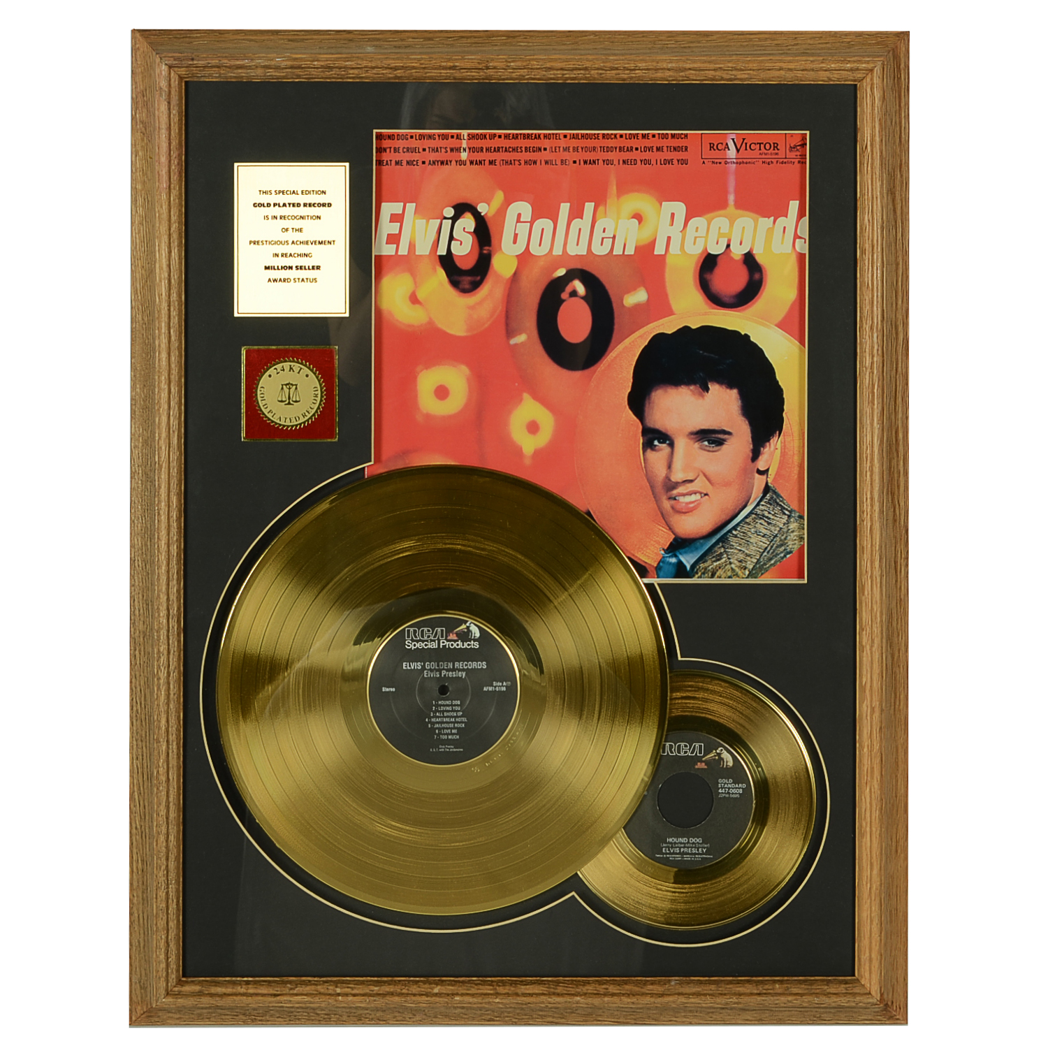 Framed Elvis Golden Records Special Edition 24K Gold Plated Records with "Elvis' Golden Records" and a 45 Featuring the Song "Hound Dog" from RCA Records