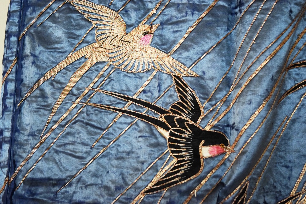 Stunning 19/20th Century Japanese Blue Silk Kimono with Embroidered Sparrows and Gold Wrapped Thread Embroidery