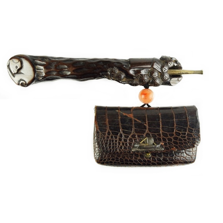Meiji Period Signed Kiseru (Japanese Smoking Pipe) with Carved Holder and Tobacco Pouch