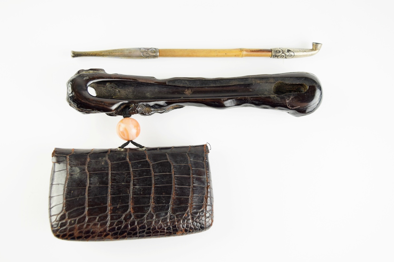 Meiji Period Signed Kiseru (Japanese Smoking Pipe) with Carved Holder and Tobacco Pouch