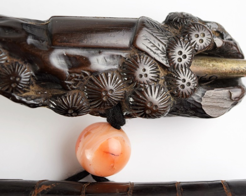 Meiji Period Signed Kiseru (Japanese Smoking Pipe) with Carved Holder and Tobacco Pouch