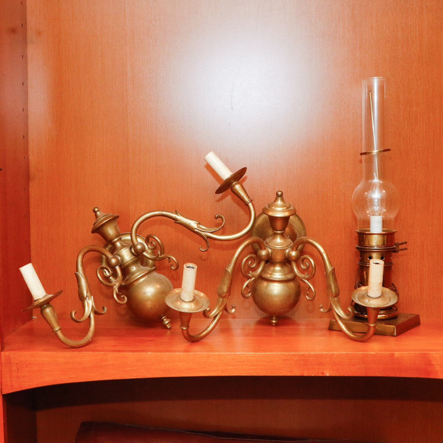 Victorian Style Brass Twin Light Wall Sconces and Hurricane Lamp