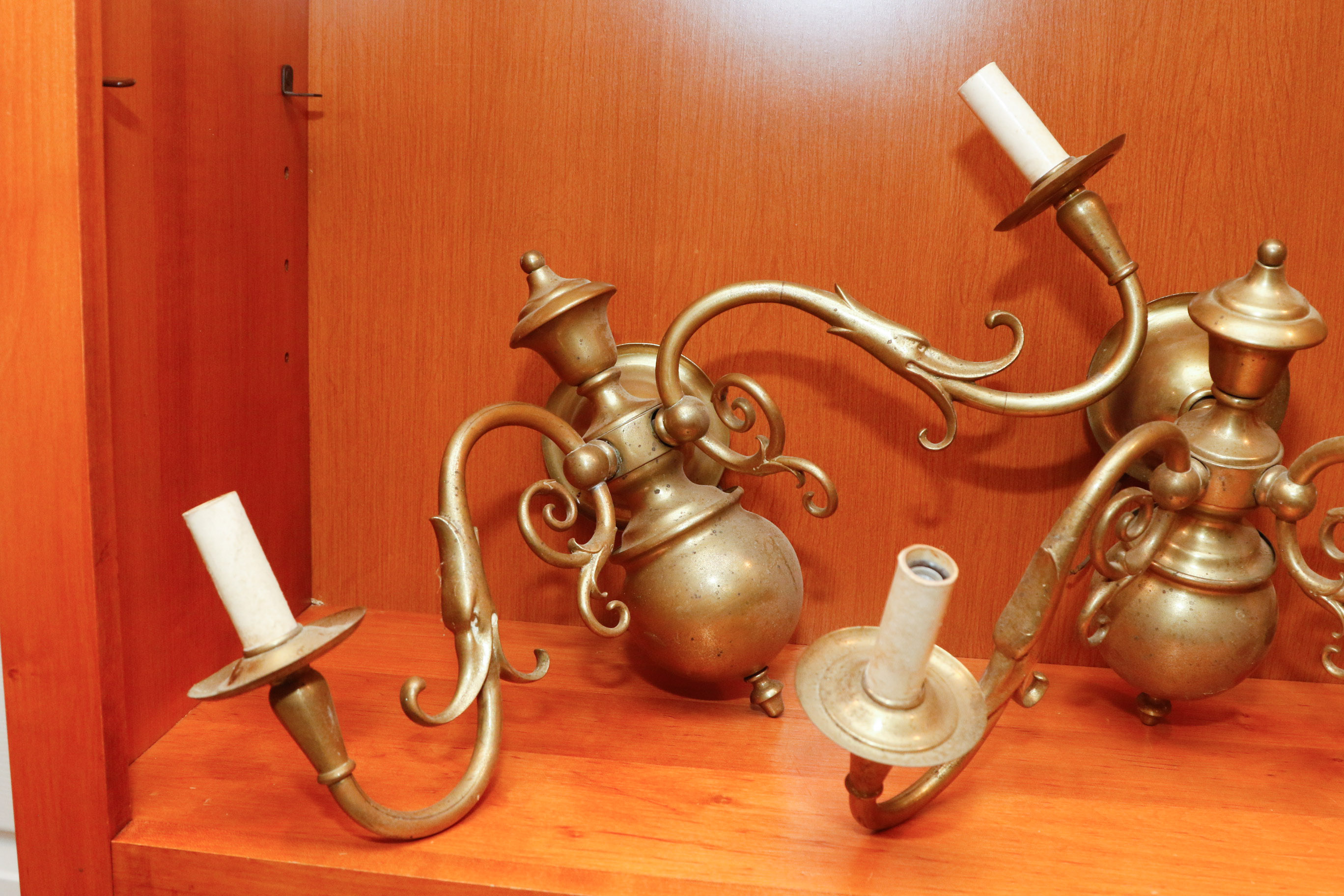 Victorian Style Brass Twin Light Wall Sconces and Hurricane Lamp