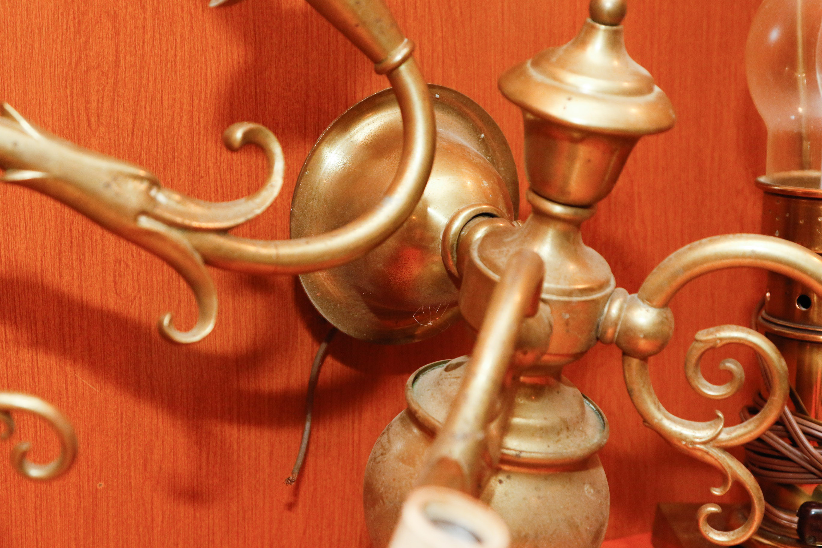 Victorian Style Brass Twin Light Wall Sconces and Hurricane Lamp