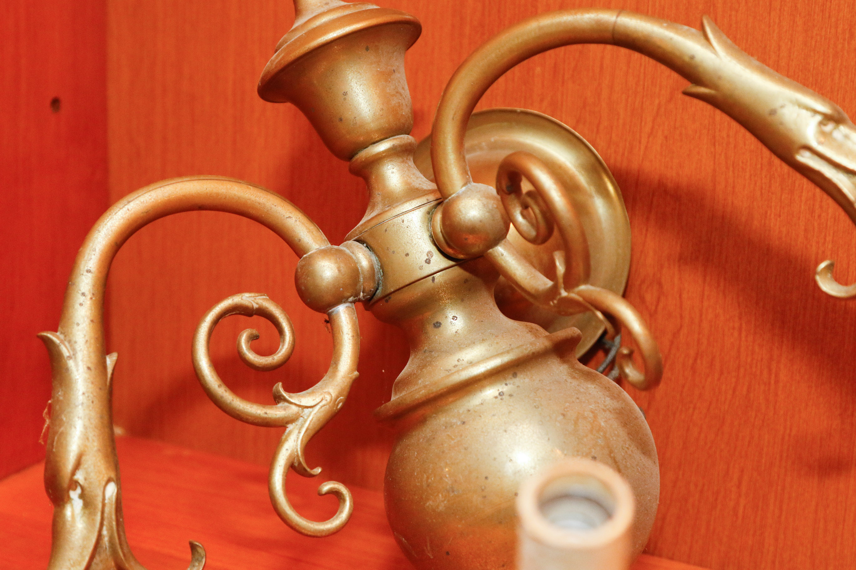 Victorian Style Brass Twin Light Wall Sconces and Hurricane Lamp