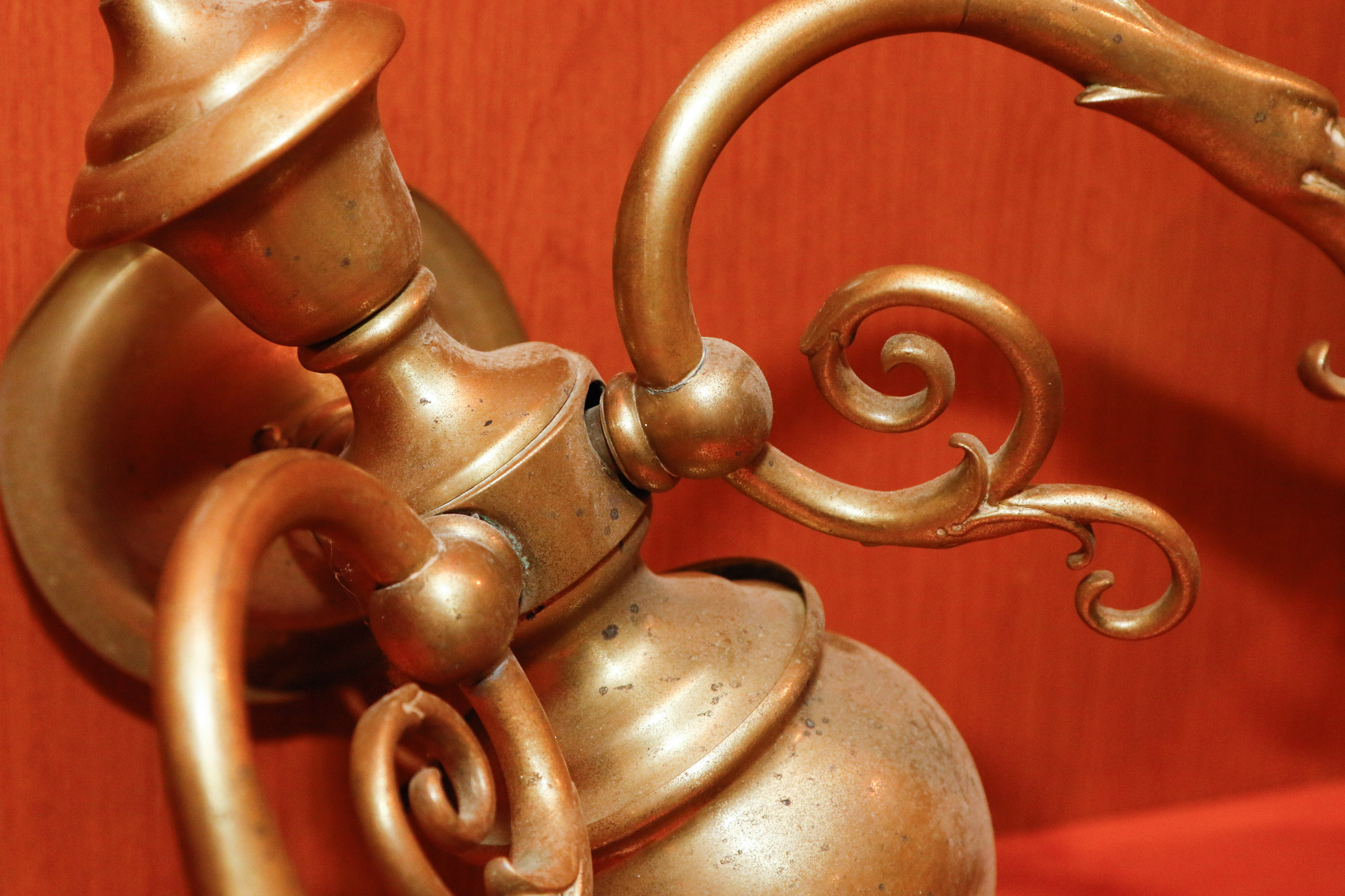 Victorian Style Brass Twin Light Wall Sconces and Hurricane Lamp