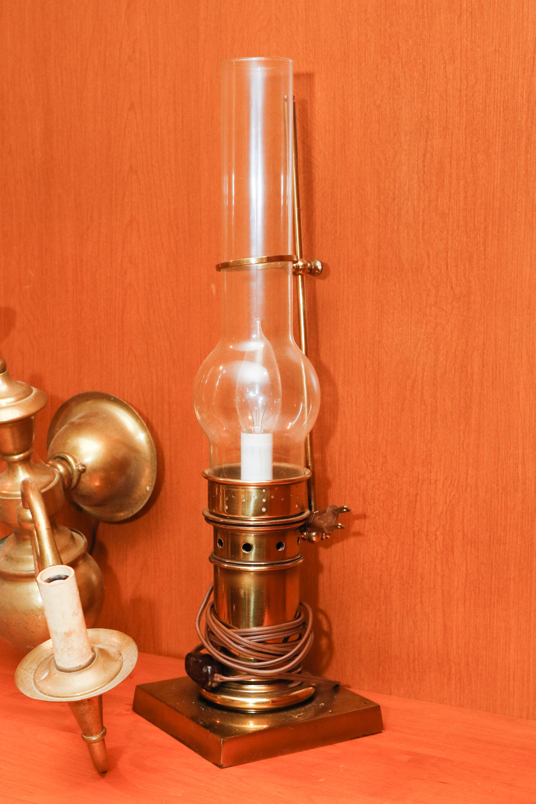 Victorian Style Brass Twin Light Wall Sconces and Hurricane Lamp