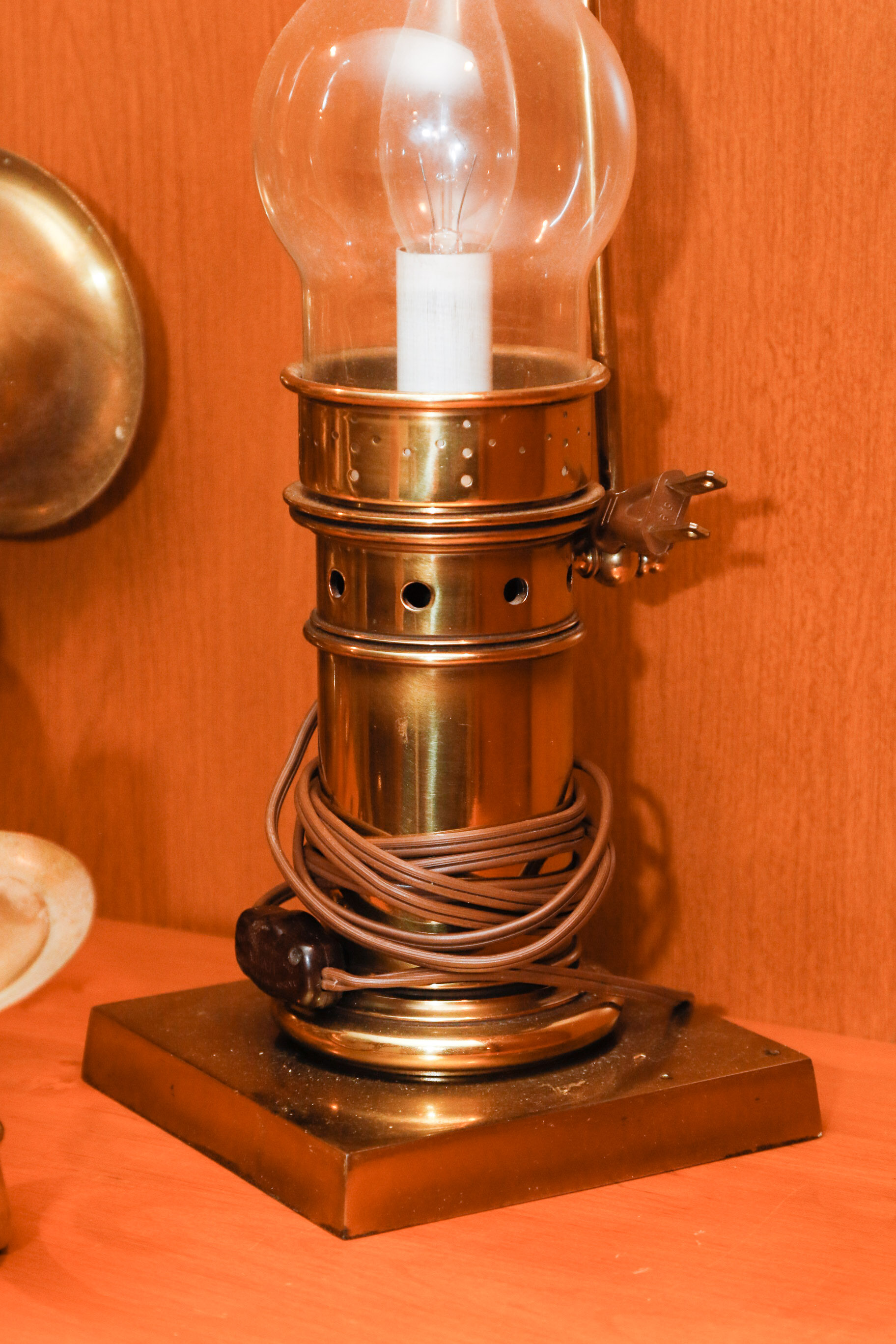 Victorian Style Brass Twin Light Wall Sconces and Hurricane Lamp