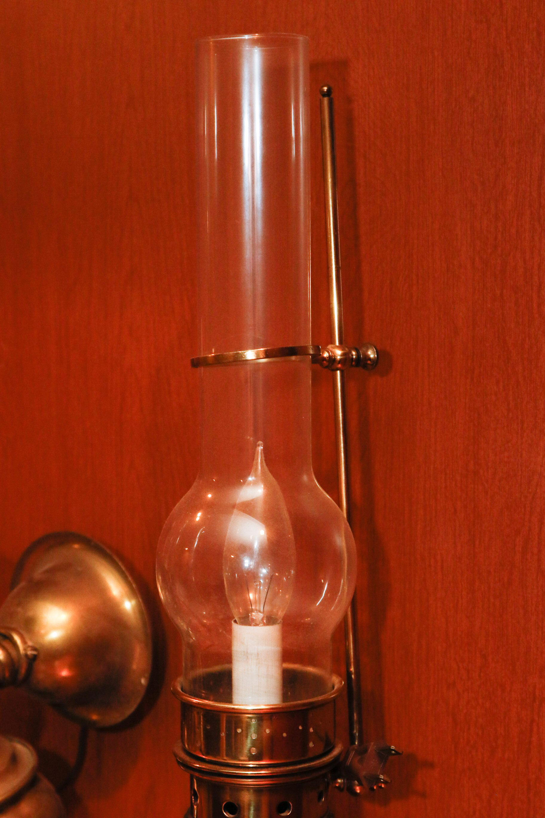 Victorian Style Brass Twin Light Wall Sconces and Hurricane Lamp