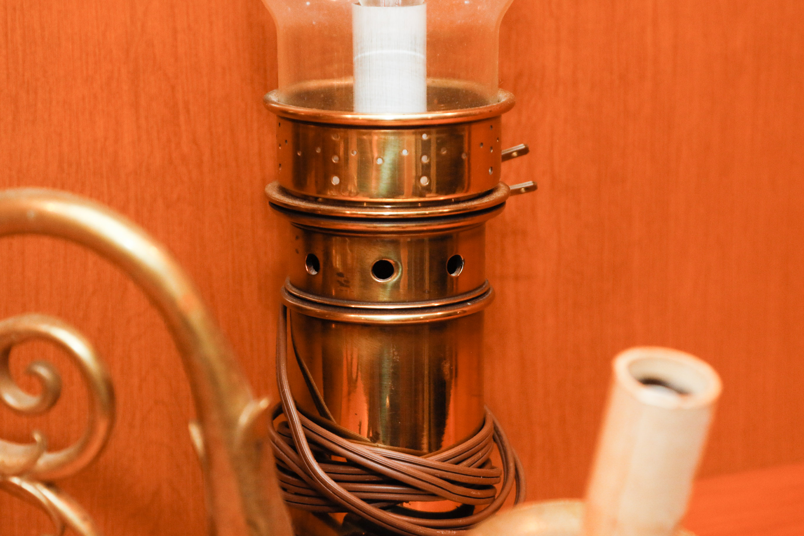 Victorian Style Brass Twin Light Wall Sconces and Hurricane Lamp