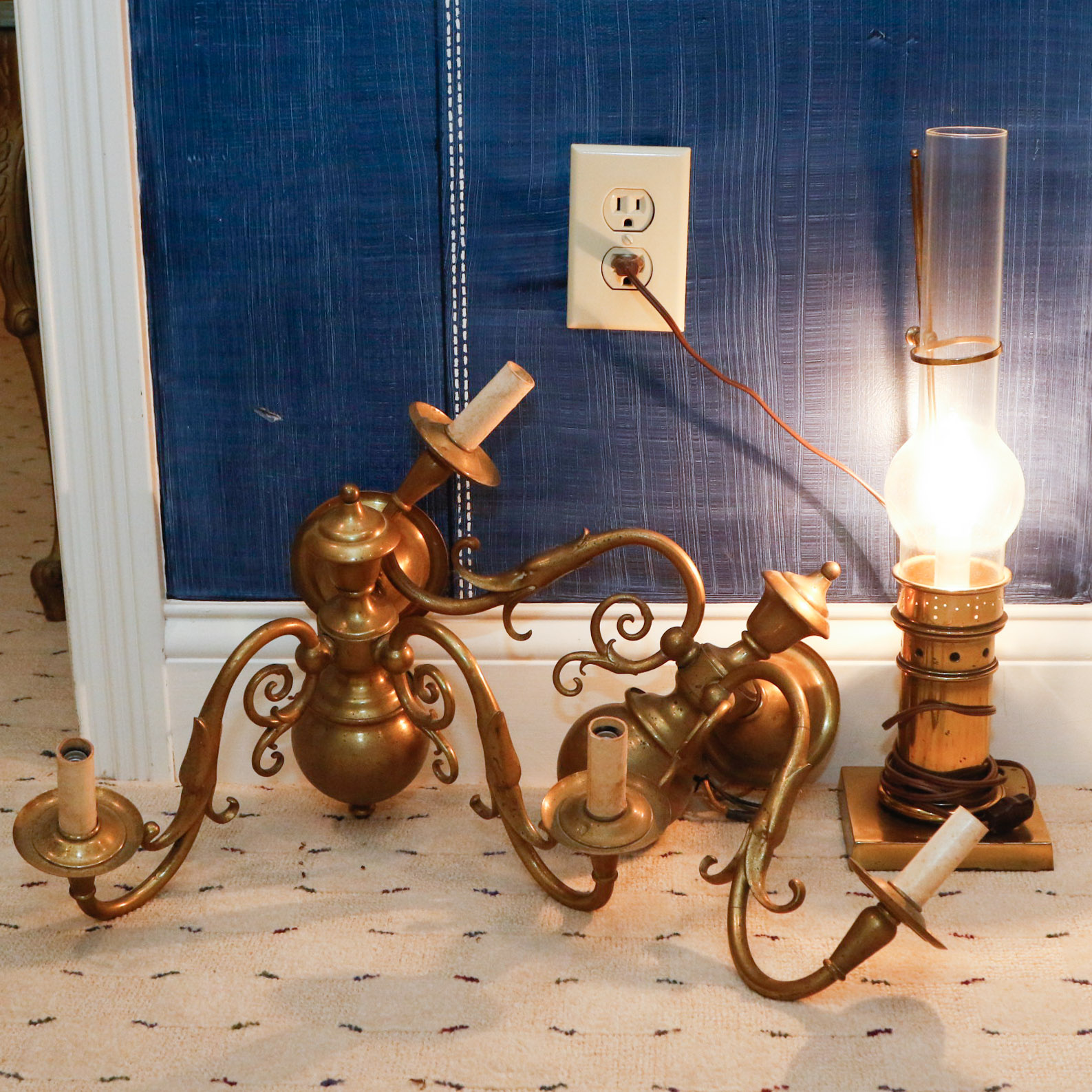 Victorian Style Brass Twin Light Wall Sconces and Hurricane Lamp