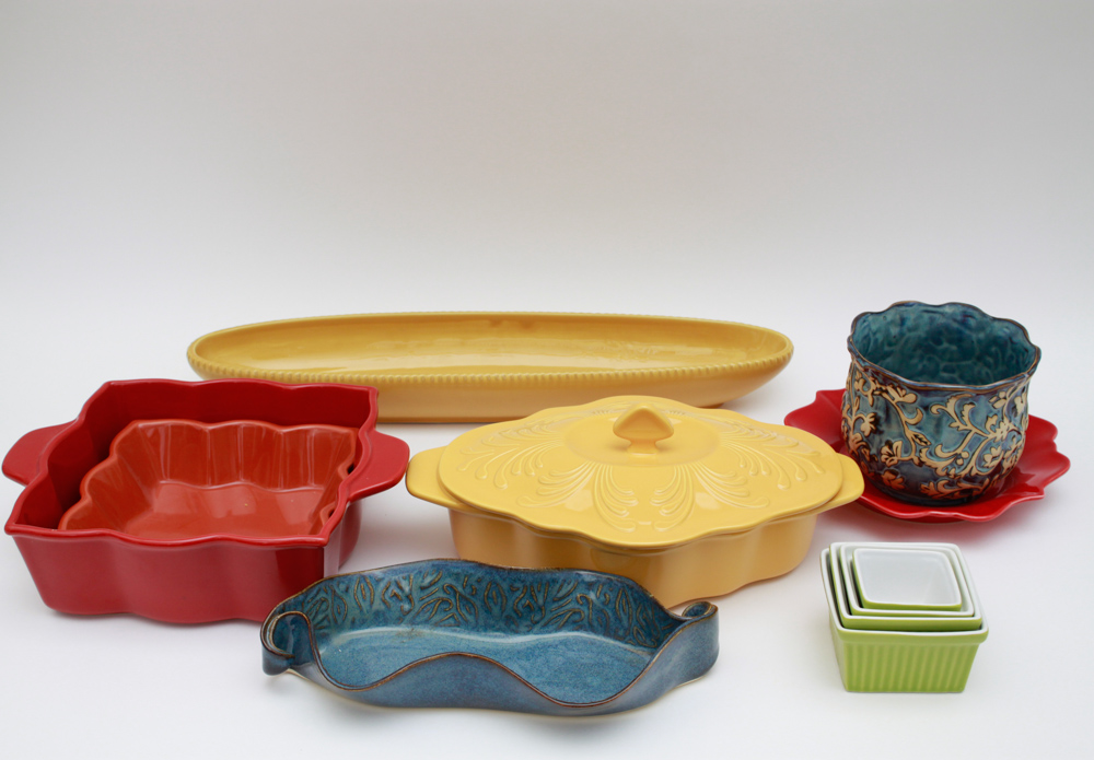 Collection of Colorful Ceramic Bakeware and Plates