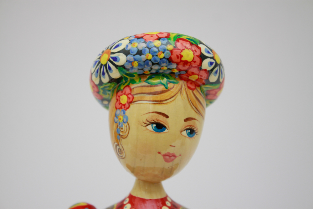 Russian Folk Hand Painted Carved Wood Doll Figurine