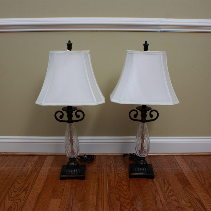 Set of Glass and Metal Scroll Table Lamps