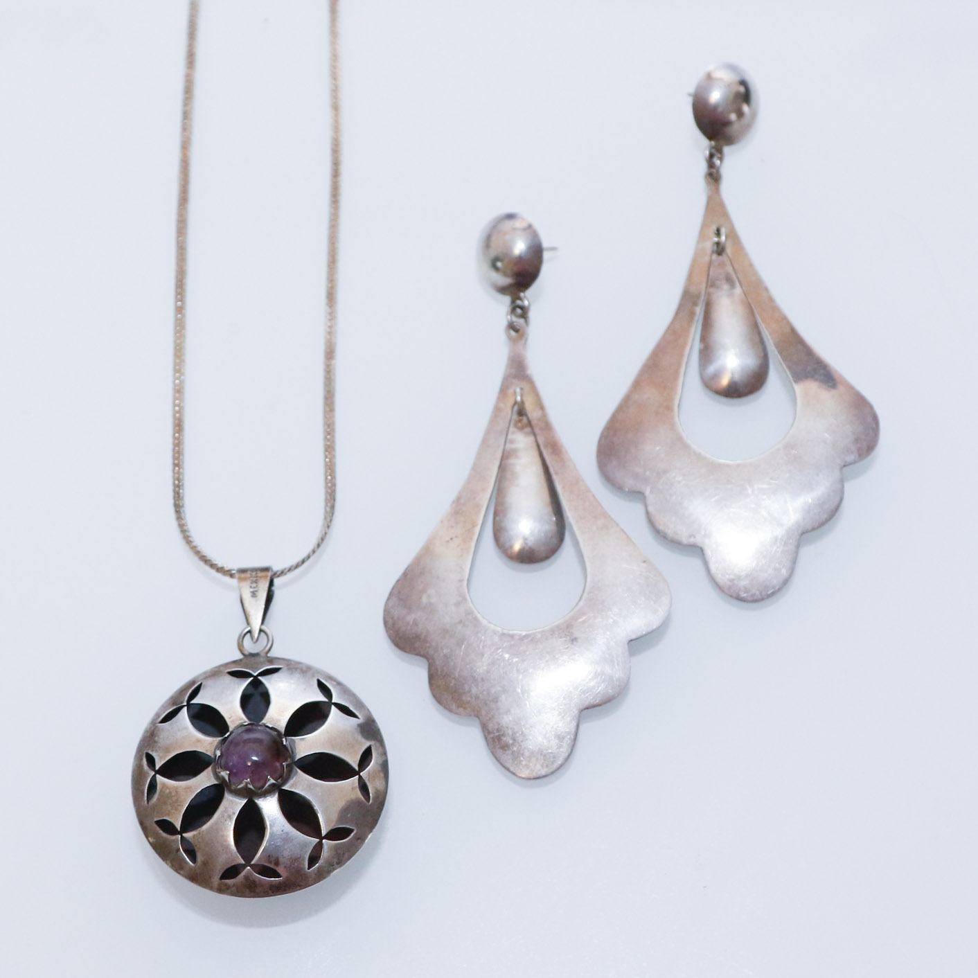 Vintage Mexican Sterling Doorknocker Earrings, Pendant and Chain