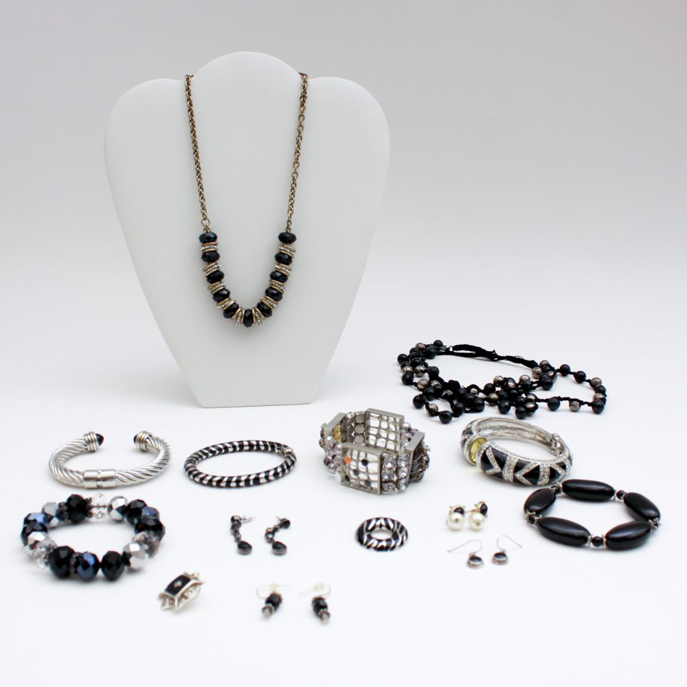 Collection of Black on Silver Tone Costume Jewelry