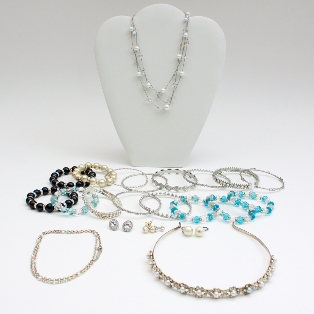 Rhinestone and Glass Silver Tone Jewelry Assortment