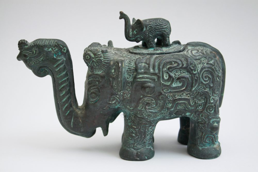 Heavy Cast Brass Chinese Elephant and Carved Stone Elephant