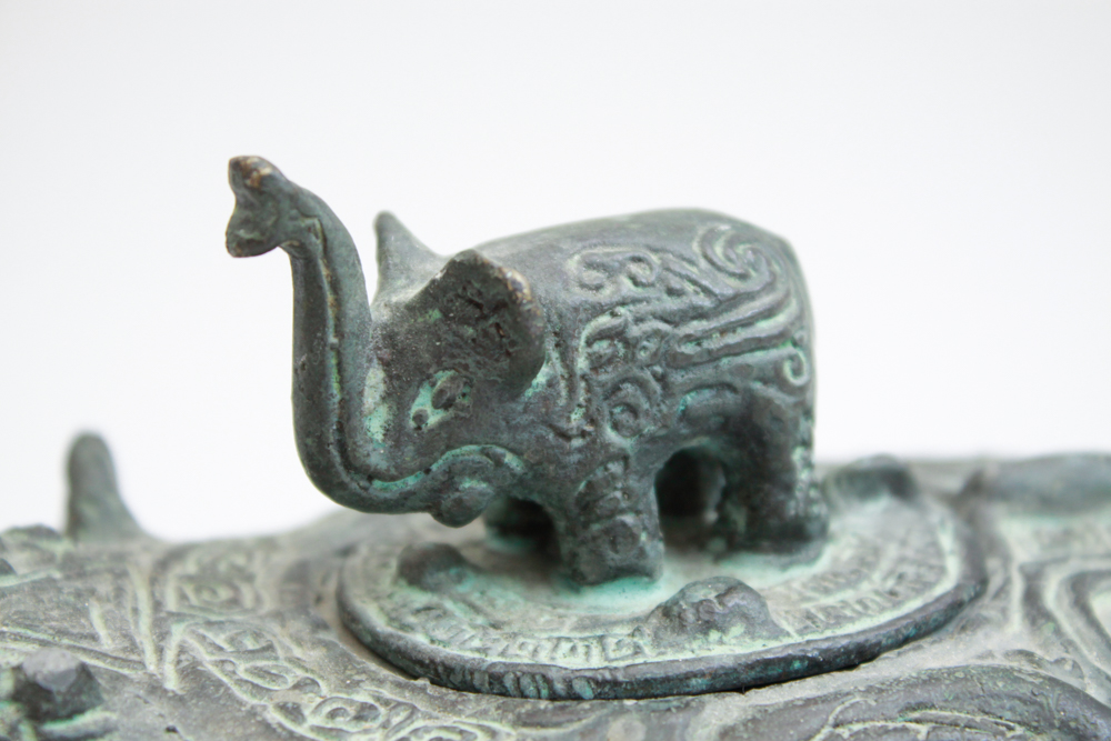 Heavy Cast Brass Chinese Elephant and Carved Stone Elephant