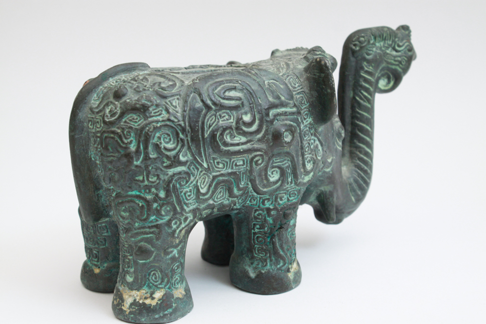 Heavy Cast Brass Chinese Elephant and Carved Stone Elephant