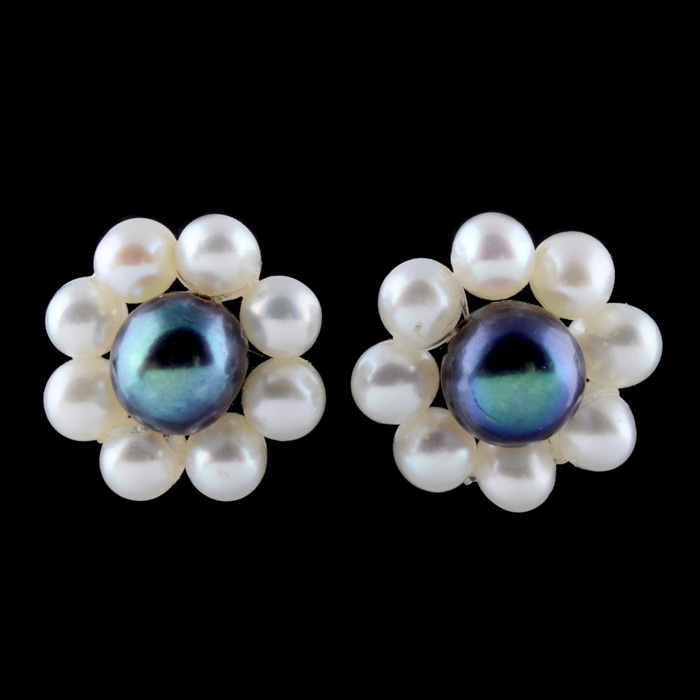 14K Yellow Gold and Pearl Pierced Floral Earrings