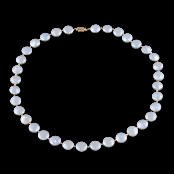 14K Yellow Gold Disc Pearl Necklace with Filigree Pearl Clasp