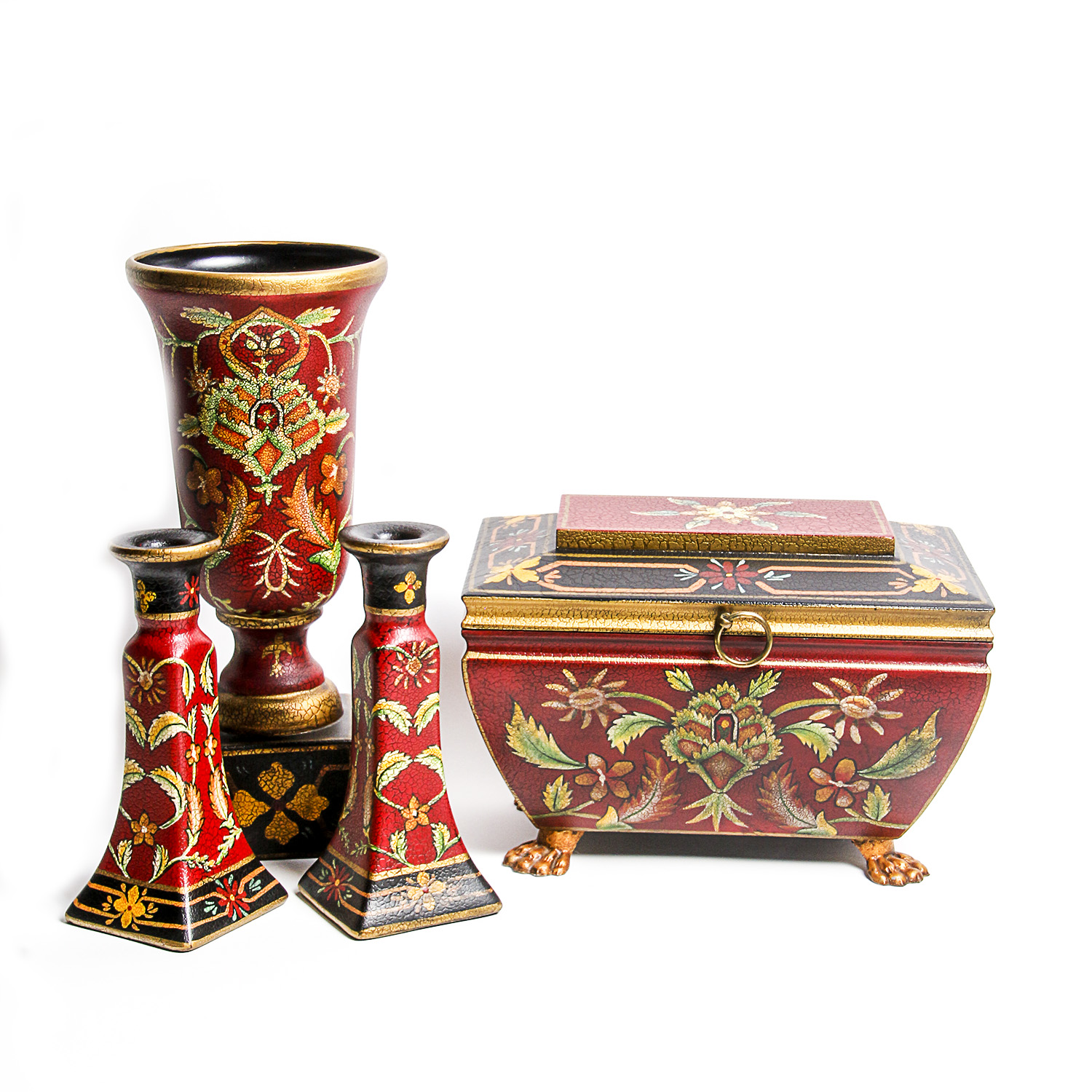 Antique Looking Container, Vase and Candle Holders