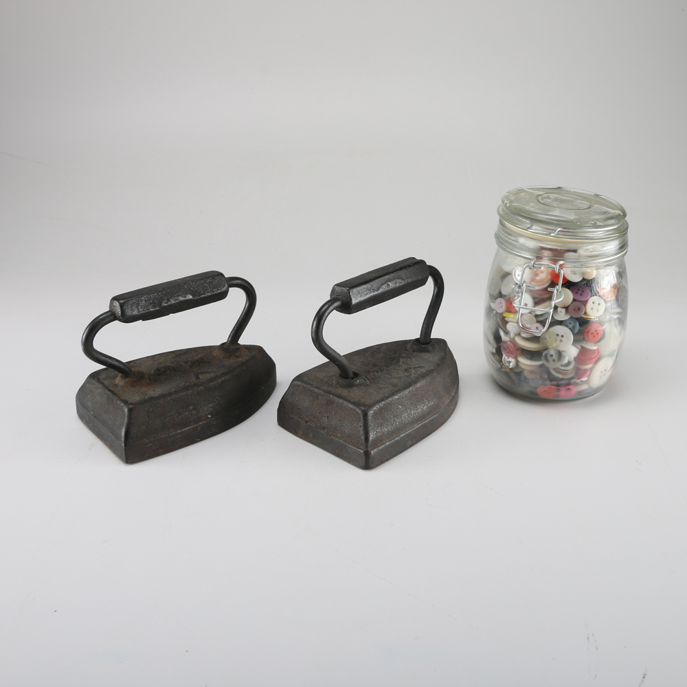 Sad Irons and Canning Jar of Button Collection