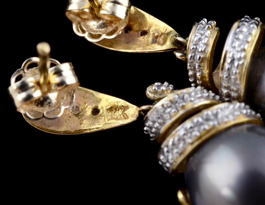 14K Yellow Gold Tahitian Black Cultured Pearl and Diamond Pierced Earrings and a Loose Black Cultured Pearl