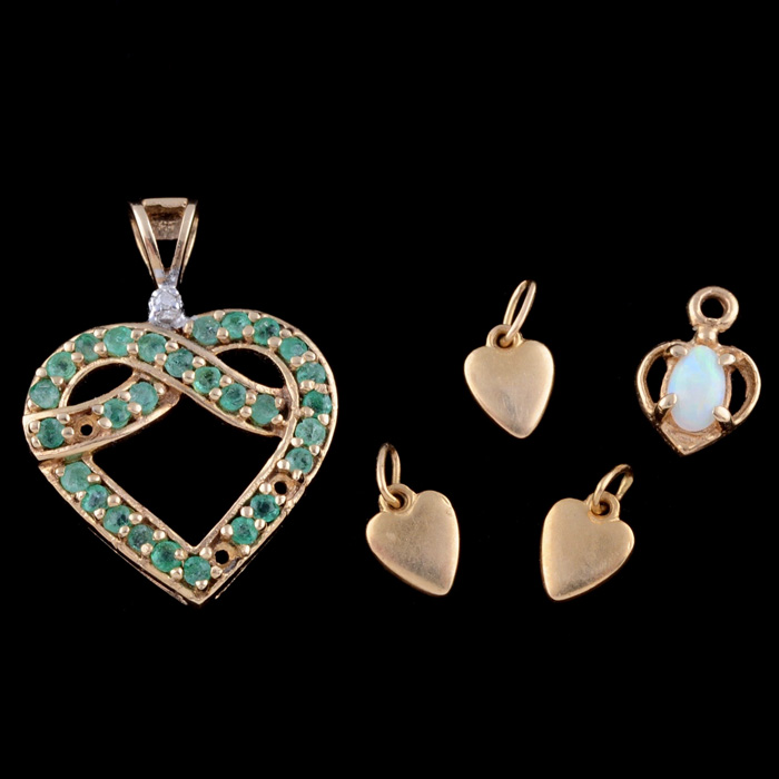 Group of 14K Yellow Gold Heart Shape Charms and a 10K Yellow Gold and Emerald Heart Shape Pendant
