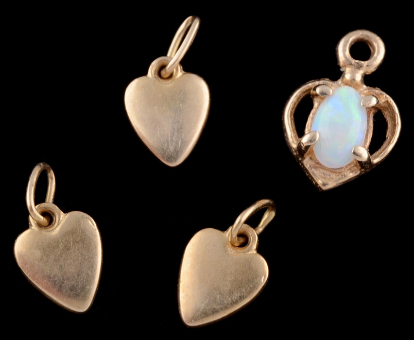 Group of 14K Yellow Gold Heart Shape Charms and a 10K Yellow Gold and Emerald Heart Shape Pendant