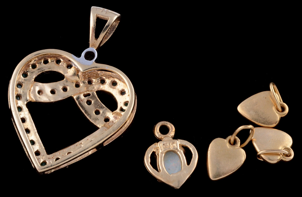 Group of 14K Yellow Gold Heart Shape Charms and a 10K Yellow Gold and Emerald Heart Shape Pendant