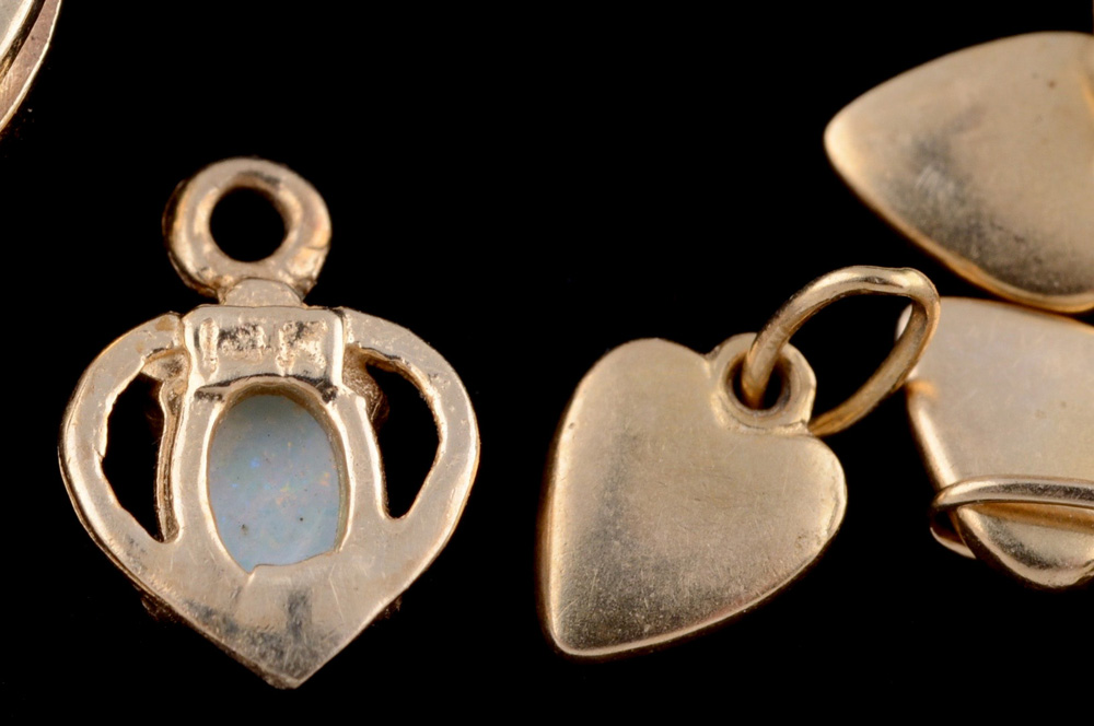 Group of 14K Yellow Gold Heart Shape Charms and a 10K Yellow Gold and Emerald Heart Shape Pendant