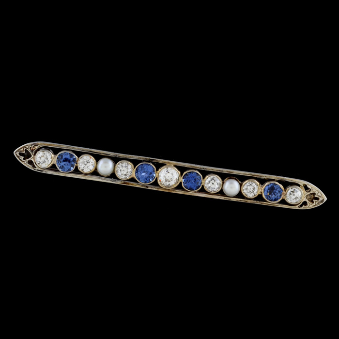 Early 20th Century 14K White Gold Synthetic Sapphire and Diamond Bar Pin