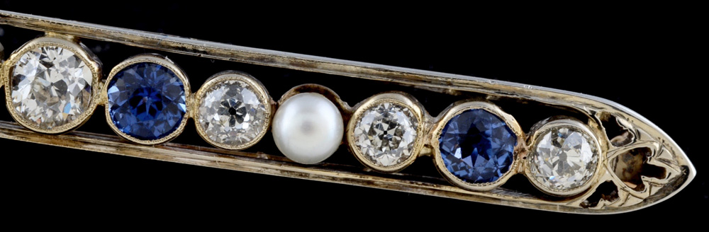 Early 20th Century 14K White Gold Synthetic Sapphire and Diamond Bar Pin