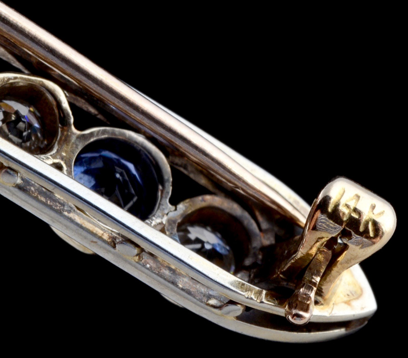 Early 20th Century 14K White Gold Synthetic Sapphire and Diamond Bar Pin