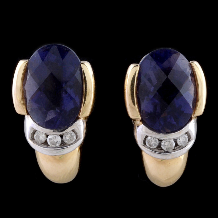 14K Yellow Gold Tanzanite and Diamond Pierced Earrings