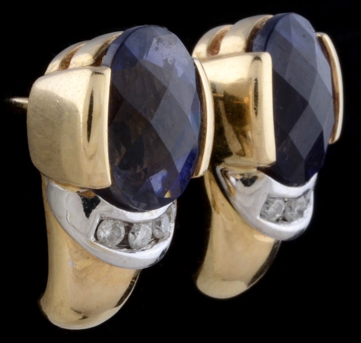 14K Yellow Gold Tanzanite and Diamond Pierced Earrings
