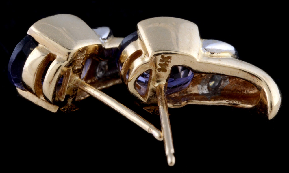 14K Yellow Gold Tanzanite and Diamond Pierced Earrings