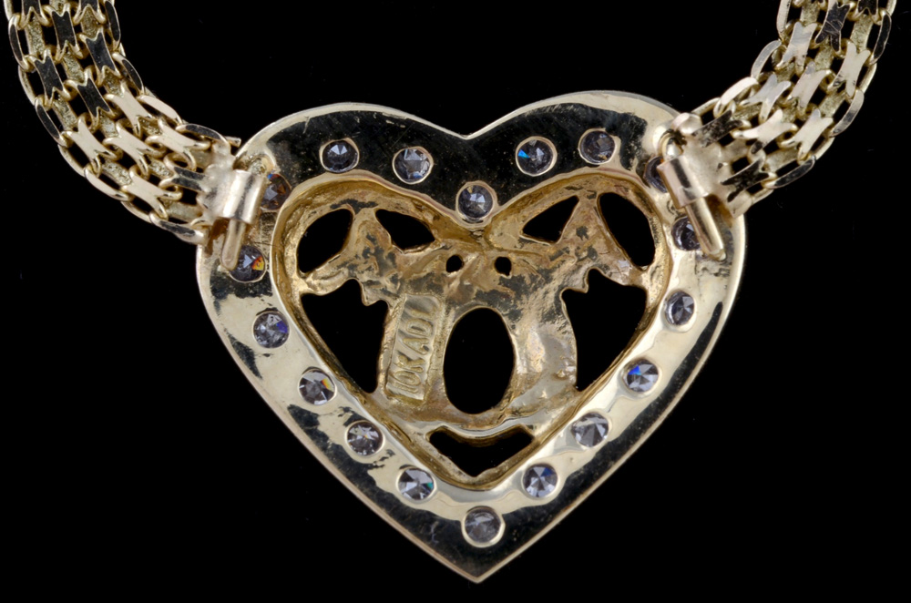 10K Yellow Gold Openwork Heart Shape Diamond Pendant Necklace with Mesh Chain