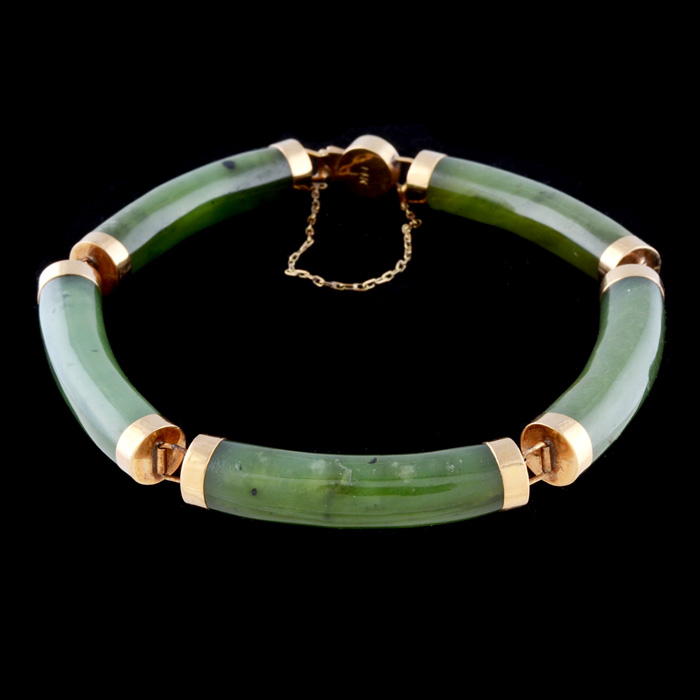 14K Yellow Gold and Carved Nephrite Jade Link Bracelet