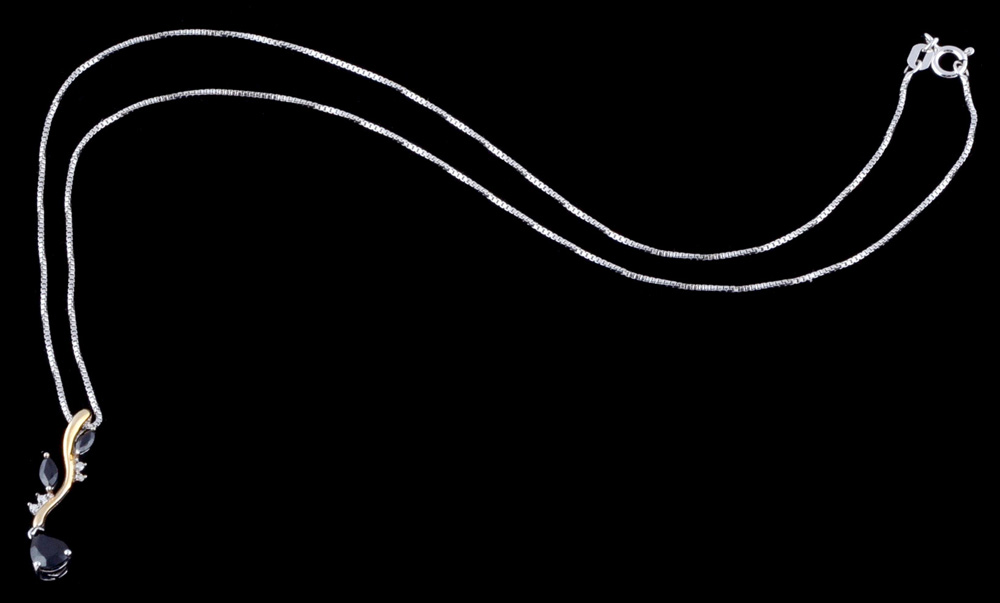 Alwand Vahan Sterling Silver and 14K Yellow Gold Drop Pendant Necklace with Synthetic Blue Sapphires and Diamonds