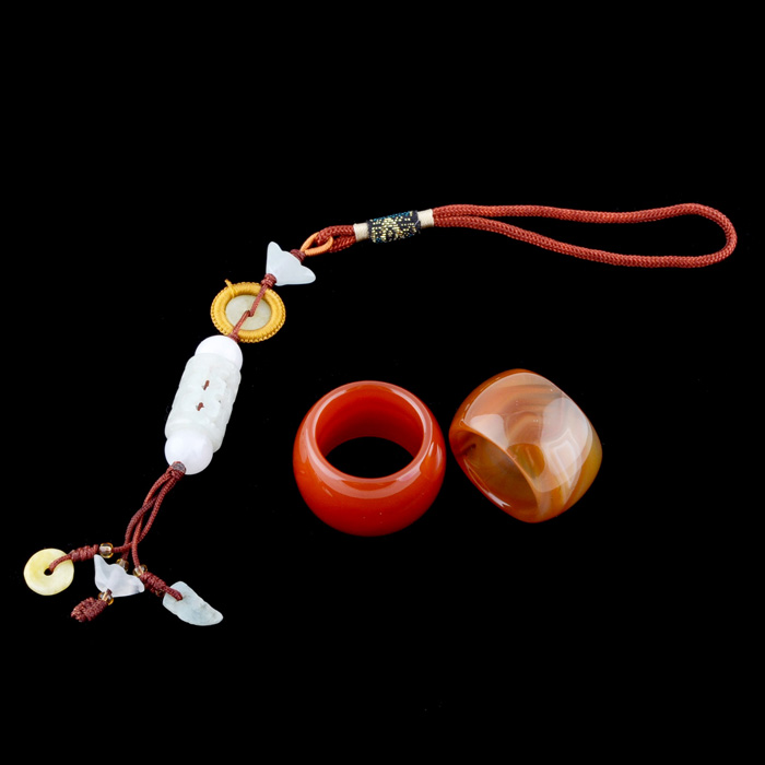 Two Carved Polished Natural Agate and Carnelian Rings with a Carved Jadeite Beaded Rope Cord Key Chain