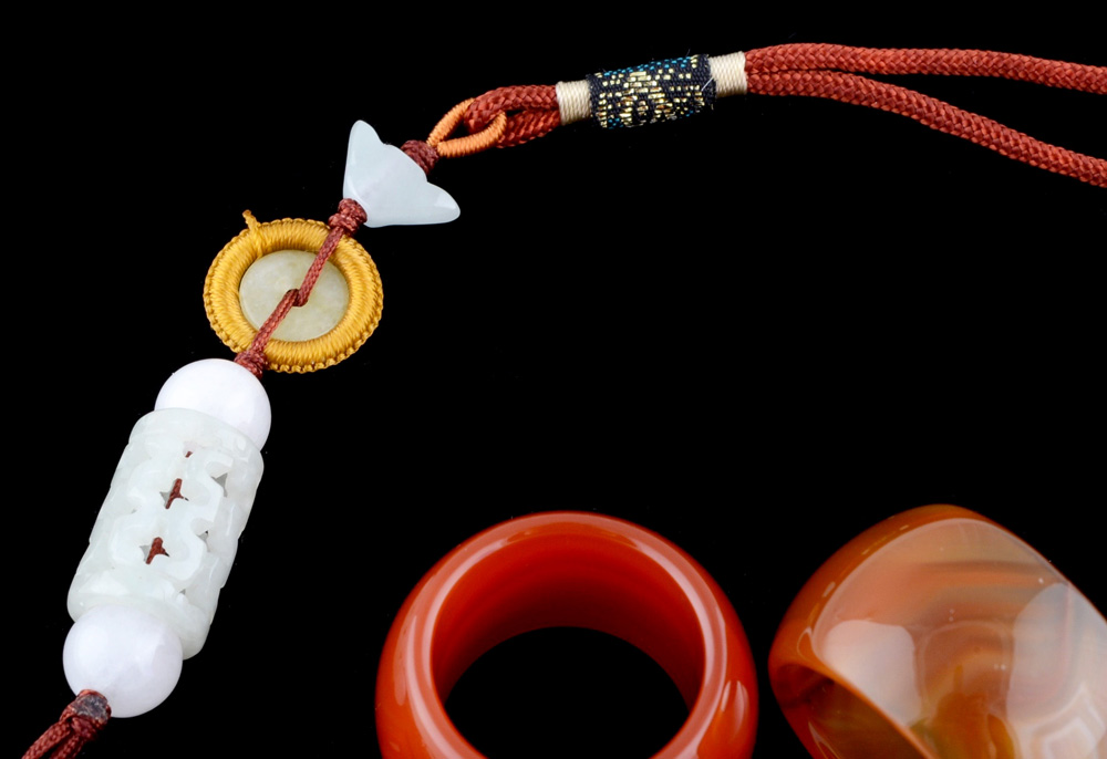 Two Carved Polished Natural Agate and Carnelian Rings with a Carved Jadeite Beaded Rope Cord Key Chain