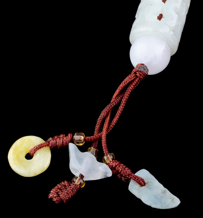 Two Carved Polished Natural Agate and Carnelian Rings with a Carved Jadeite Beaded Rope Cord Key Chain